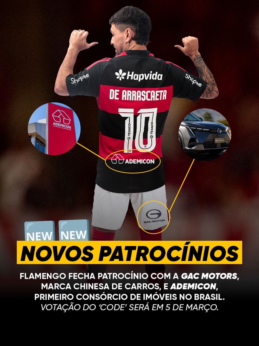 NOVOS PATROCINADORES DO MENGÃO 💰✅

Flamengo vota no dia 5 de março a aprovação de dois novos patrocinadores para o futebol masculino.

A Ademicon, administradora de consórcios no Brasil, e a GAC, montadora chinesa de carros, estamparão o manto do Mais Querido até março de 2029.