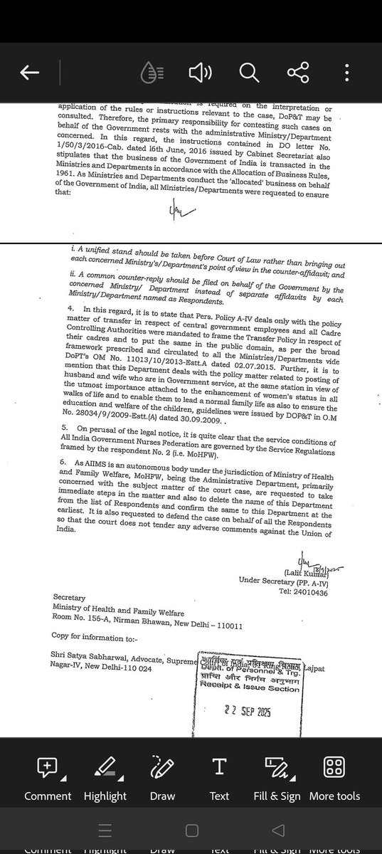 माननीय मंत्री, भारत सरकार के स्पष्ट आदेश और DoPT के दिशा-निर्देशों के बावजूद AIIMS/INI संस्थानों में Spouse Ground Transfer Policy जैसे महत्वपूर्ण विषय को 6 महीने से “विचाराधीन” रखकर टालना क्या सरकारी आदेशों की अवहेलना नहीं है? आखिर जिम्मेदारी तय कब होगी? कर्मचारियों के अधिकारों