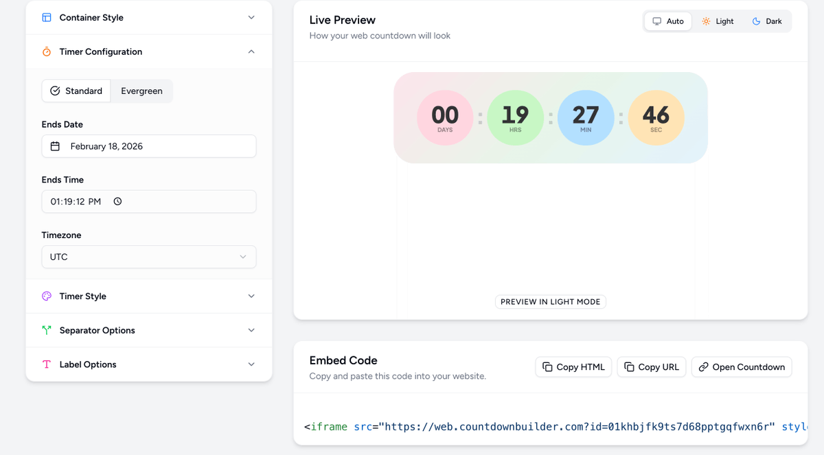 CountdownBuild's tweet photo. New feature 🚀

Countdown Builder now supports websites — not just email.

✅ Full dark mode support
✅ No extra styling needed
✅ Perfect for synced campaigns

https://t.co/SLIP4n7wfF

#ProductUpdate #WebDev #EmailMarketing https://t.co/xcXR45EHa1