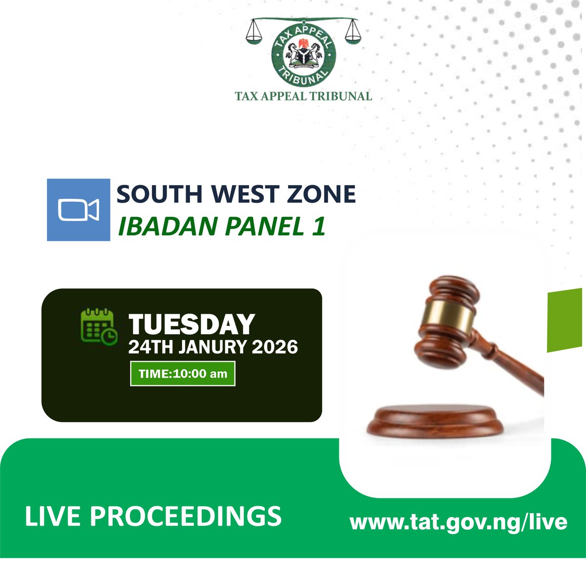 [HAPPENING NOW] Watch Today's TUESDAY, 24 February 2026
 
Live Proceedings of the Tax Appeal Tribunal

South-West Zone- IBADAN

Click on this link - tat.gov.ng/live  to WATCH the Proceedings

#TaxDispute