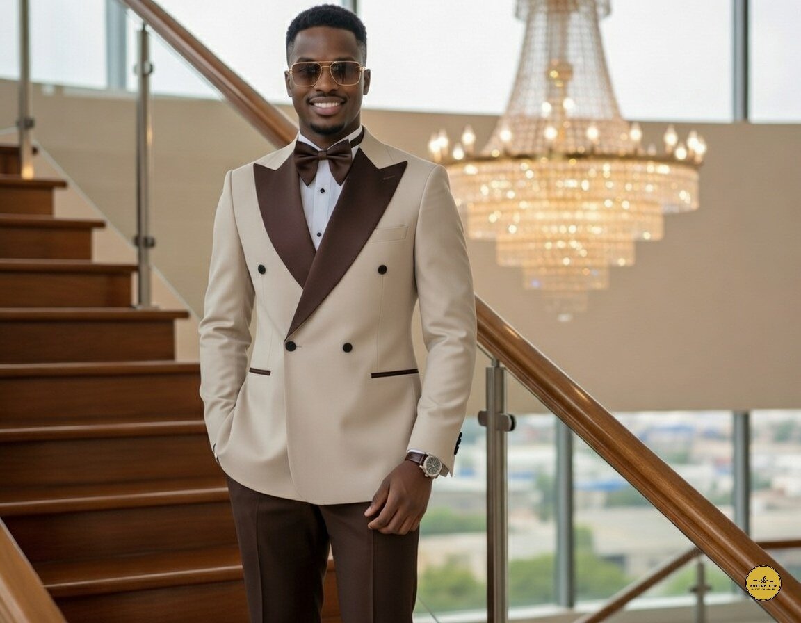 suitonltd's tweet photo. This beige double-breasted tuxedo is Nairobi's hottest look. Premium wool-satin blend with brown peak lapels, tailored trousers, and monk shoes. Perfect for weddings &amp; galas 👔✨

Who's ready to suit up? 🇰🇪

#NairobiFashion #KenyanStyle #CustomTuxedo

1/3 https://t.co/a6xPTwwRSa