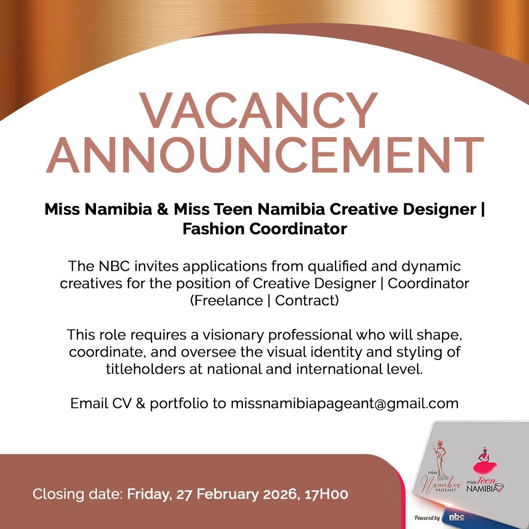 MissNamibia2025's tweet photo. Miss Namibia &amp; Miss Teen Namibia Creative Designer | Fashion Coordinator

NBC invites applications from qualified &amp; dynamic creatives for the position of Creative Designer | Coordinator (Freelance | Contract) 

Email CV &amp; portfolio to missnamibiapageant@gmail.com (UPDATED EMAIL) https://t.co/5f0itDvEpf