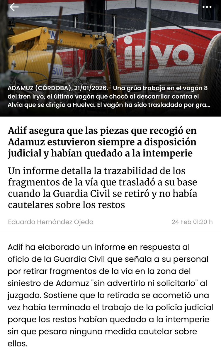 Accidente Adamuz 

La Guardia Civil se retira y deja las pruebas en el lugar del accidente 

Los fachas se quejan de que hay pruebas por todos lados sin recoger 

Adif recoge las pruebas que están a disposición judicial, con su trazabilidad correspondiente 

Fachas chillando