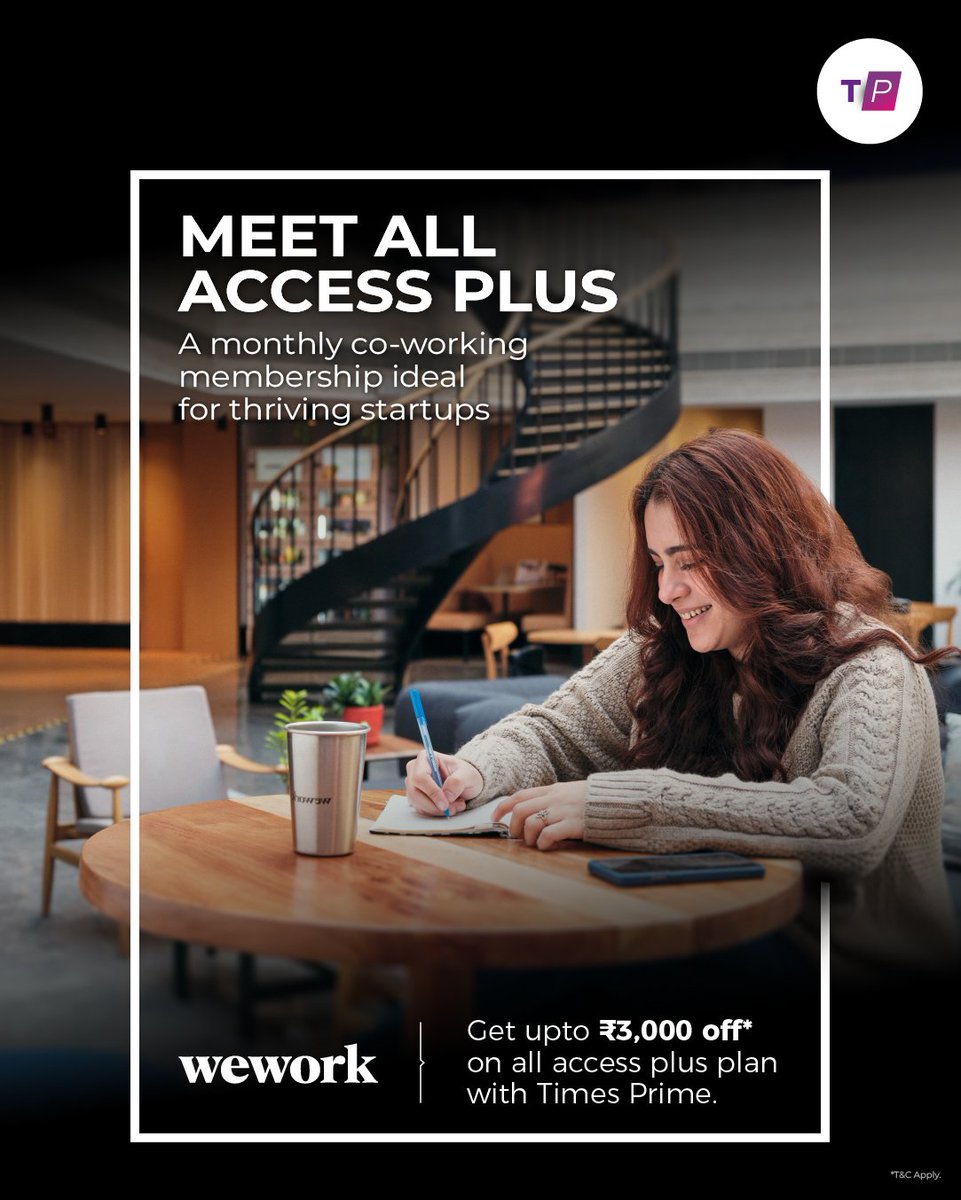 timesprime's tweet image. Big ideas need better spaces. 👩‍💻

Get upto 3,000 off* on @WeWorkIndia all access plus plan with Times Prime.

#timesprime #wework #coworkingspace #corporatelife #workingspace