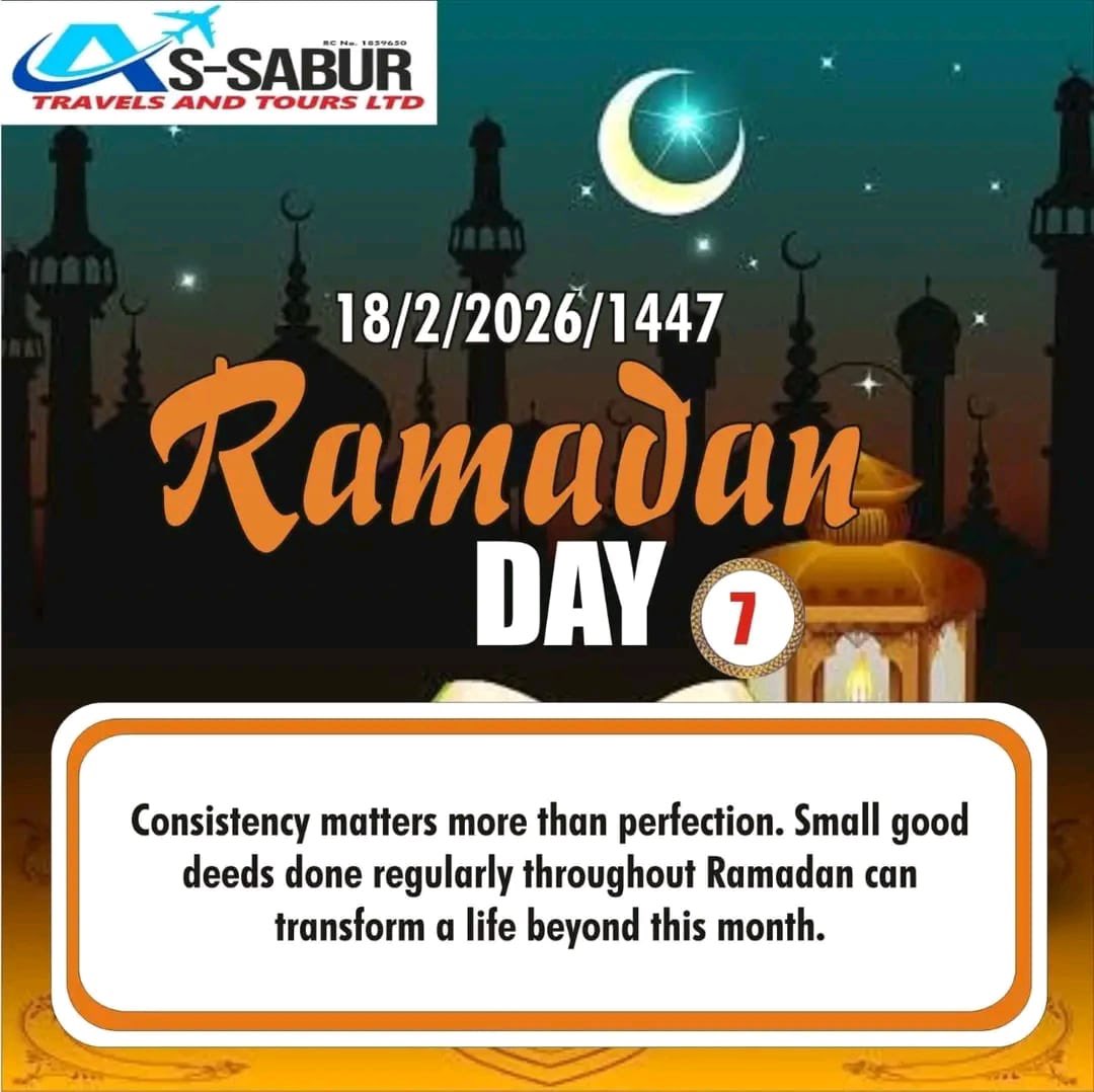 Assabur12's tweet photo. Ramadan Kareem — Day 7

May Allah grant us steadfastness and accept all our efforts

Note: July &amp; August Umrah packages are open for booking. Secure your slot early and let us guide you every step of the way.

📞 08067711118 | 08112144418
https://t.co/aRla2zLKfa

#Ramadanday7 https://t.co/CyGAdSC3ZL