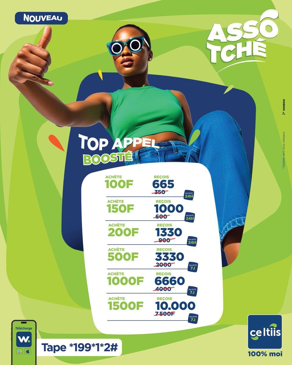 Asso, tu mérites ce qu’il y a de meilleur, alors on a tout boosté pour toi🤩 !

Plus d’appels, plus de Go, plus de tout… et toujours pour le même prix ! 

Découvre tes nouveaux Pass Boostés via Waa ou en tapant *199*1*2# ou *199*2#.

#ASSOTCHE #NouveauxAvantages
