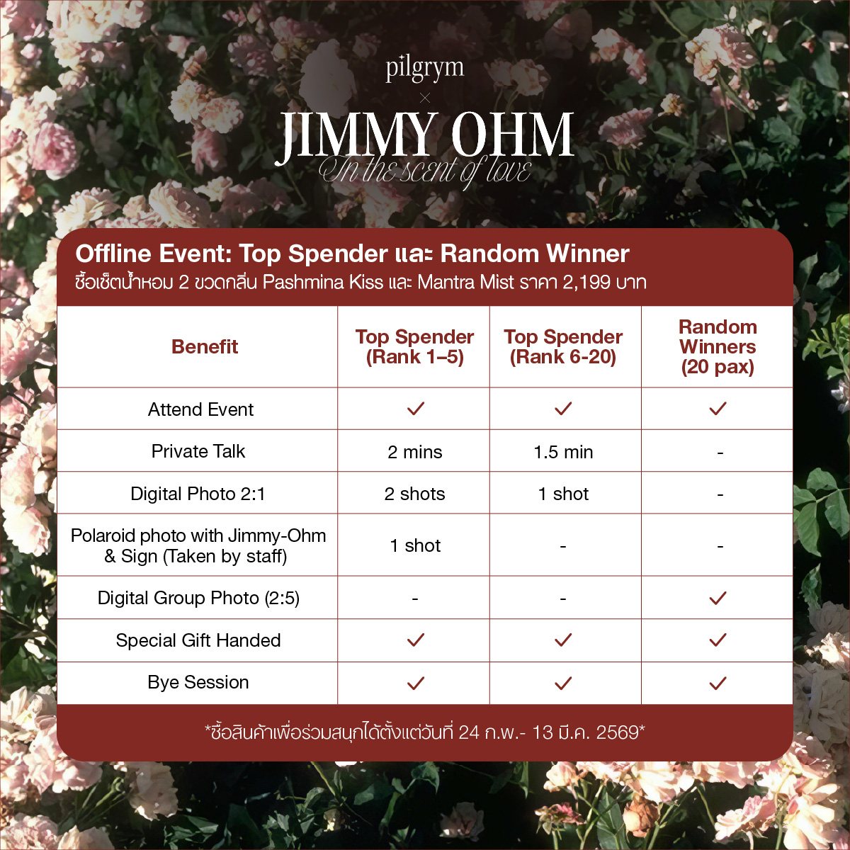 pilgrymofficial's tweet photo. Pilgrym x JimmyOhm In the scent of Love
Pilgrym พร้อมที่จะส่งต่อพลังงานที่ดีให้กับทุกคนผ่านน้ำหอมของเรา วันที่ 29 มีนาคม 2569 นี้
กิจกรรม Fan Benefit แบ่งออกเป็น 2 ส่วน:
📌Offline Event: Top Spenders & Random Winners
📌Online Prize: Random Winners
🎉 ประกาศผลวันที่ 19 มี.ค. 69 ผ่านช่องทาง FB/X/IG ;@pilgrym.official
รายละเอียดดังนี้
✨1. Offline Event: Top Spenders & Random Winners ที่จะได้เข้าร่วมงาน Offline Event พร้อมทำกิจกรรมกับศิลปิน แบ่งออกเป็น
Top Spender 20 ท่าน
Random Winner 20 ท่าน
"กติกาการเข้าร่วมกิจกรรม"
-ซื้อ น้ำหอมคู่ PILGRYM PASHMINA KISS EAU DE PARFUM 30ml และ MANTRA MIST EAU DE PARFUM 30ml ยอดสูงสุด 20 ลำดับเเรก 1 SET = 1 สิทธิ์
-ระหว่างวันที่ 24 กุมภาพันธ์ 2569 18:00 น. - วันที่ 13 มีนาคม 2569 (23:59 น. เวลาไทย)
-ผู้ที่อยู่ยอดซื้อลําดับ 21 เป็นต้นไป จะได้รับสิทธ์ในการจับรางวัล Random Winners (20 ท่าน)
-ผู้ที่ทำการสั่งซื้อสินค้าเรียบร้อยแล้วต้องกรอกข้อมูลคำสั่งซื้อและข้อมูลส่วนตัวผ่านฟอร์ม Pilgrym x Jimmy Ohm In the Scent of Love: Benefit Registration ทุกครั้ง ภายในวันที่ 15 มีนาคม 2569 (23:59 น. เวลาไทย)
Link ฟอร์ม: https://t.co/8BXEeEee9E
✨2. Online Prize: Random Winner 30 ท่าน ที่จะได้รับโพลารอยด์และของขวัญที่มีลายเซนต์ศิลปินจากทางแบรนด์
(ไม่ได้เข้าร่วมงานอีเว้นท์)
-ซื้อ น้ำหอม PILGRYM EVEREST DREAMS EAU DE PARFUM 1 ขวด = 1 สิทธิ์
-ลูกค้าซื้อสินค้าภายในวันที่ 24 กุมภาพันธ์ 2569 18:00 น. - วันที่ 13 มีนาคม 2569 (23:59 น. เวลาไทย)
-ผู้ที่ทำการสั่งซื้อสินค้าเรียบร้อยแล้วต้องกรอกข้อมูลคำสั่งซื้อและข้อมูลส่วนตัวผ่านฟอร์ม Pilgrym x Jimmy Ohm In the Scent of Love: Benefit Registration ทุกครั้ง ภายในวันที่ 15 มีนาคม 2569 (23:59 น. เวลาไทย)
Link ฟอร์ม: https://t.co/8BXEeEee9E
#PilgrymxJimmyOhm #Pilgrym #JimmyOhm #จิมมี่โอม