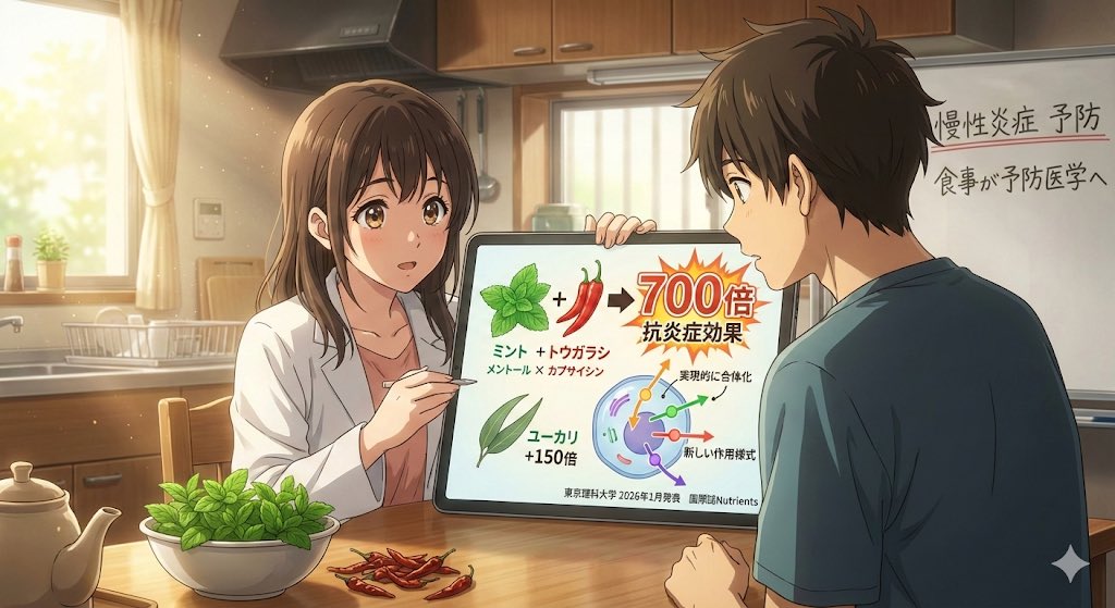 ミントとトウガラシを組み合わせると、抗炎症効果が700倍に跳ね上がる。2026年1月、東京理科大学が発表したこの研究結果は、私たちの食卓の常識を根底から変えるかもしれない。