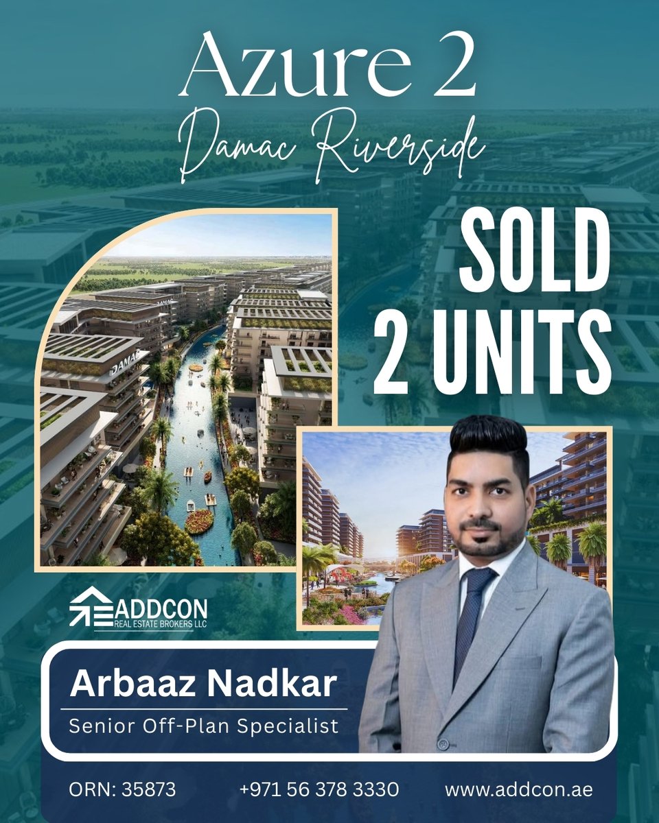 AddconRealtors's tweet photo. Sold &amp; Settled at Azure 2, Damac Riverside! 🏙️
Huge congratulations to our Senior Off-Plan Specialist, Arbaaz Nadkar, for successfully closing 2 units at the prestigious Azure 2. This project is one of the most sought-after waterfront developments in Dubai. https://t.co/sNE59K4M9V