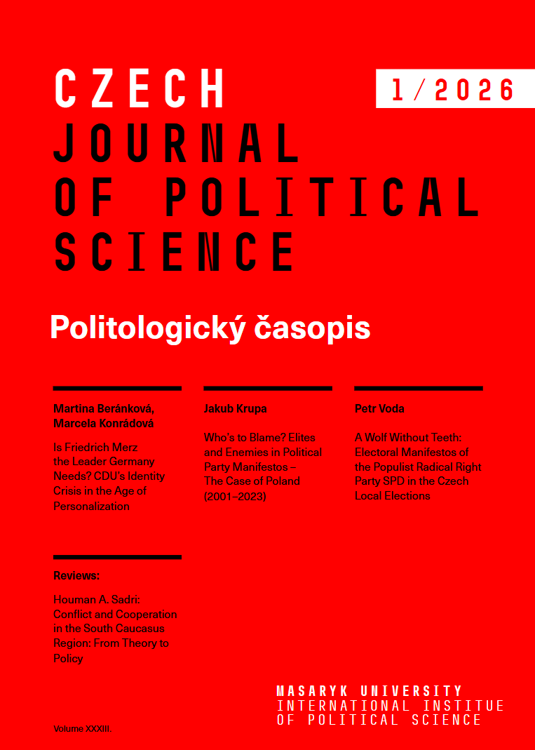 CZJournalPolSci's tweet photo. ‼️NEW ISSUE ALERT‼️
- M. Beránková &amp; M. Konrádová analyse the situation in the CDU party and the role of Friedrich Merz.
- J. Krupa on blaming elites in political party manifestos in Poland 2001-2023 
- P. Voda on the Czech populist SPD party. 
Get it here https://t.co/FWyMlf9cdZ https://t.co/8WhZjFsS94
