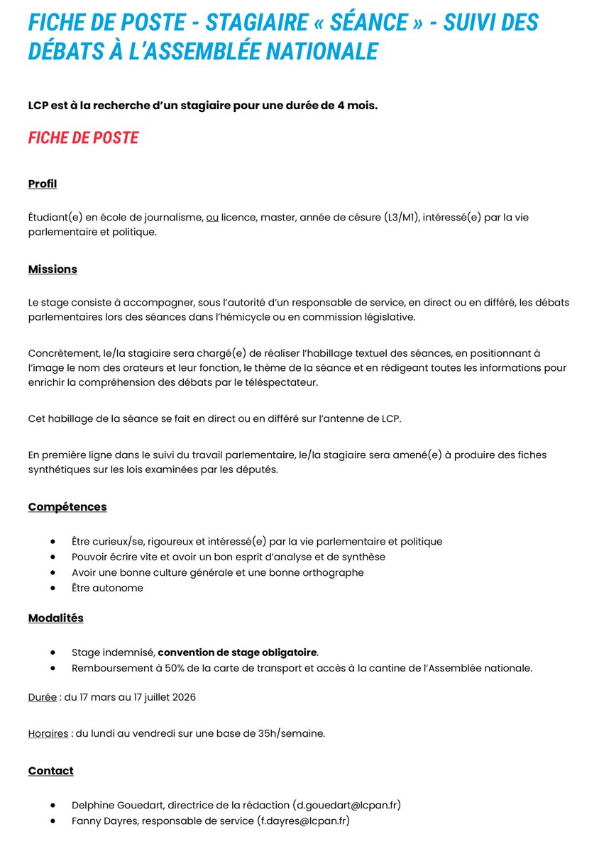 [STAGE] Vous êtes étudiant(e) en école de journalisme, en licence, en master, en année de césure (L3/M1). La vie politique et parlementaire vous passionne ? Rejoignez <a href="/LCP/">LCP</a>. 
#stage #DirectAN
