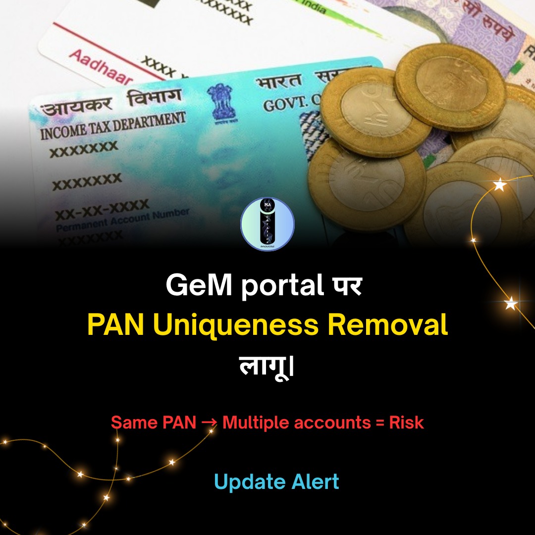 macreation42's tweet photo. 🚨 GeM Update Alert!

GeM पर PAN Uniqueness Removal लागू ✅
लेकिन ध्यान रखें 👇

⚠️ Same PAN से multiple IDs बिना proper structure के risk create कर सकती हैं
⚠️ Compliance mismatch पर account hold/suspend हो सकता है
#GeMUpdate #GeMPortal #PANUpdate #GeMSeller #TenderAlert https://t.co/gDQCDA0PoY