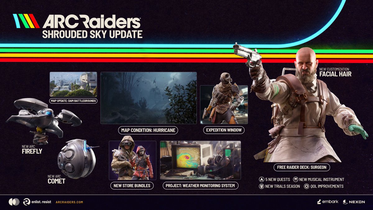 📡 Attention, Raiders!
The Shrouded Sky Update is live! ⛈️
Violent hurricanes are sweeping topside, forcing new strategies for low-visibility combat.
Scouts have spotted two new ARC types in the Rust Belt; we advise caution while the storm runs its course, but those who know how