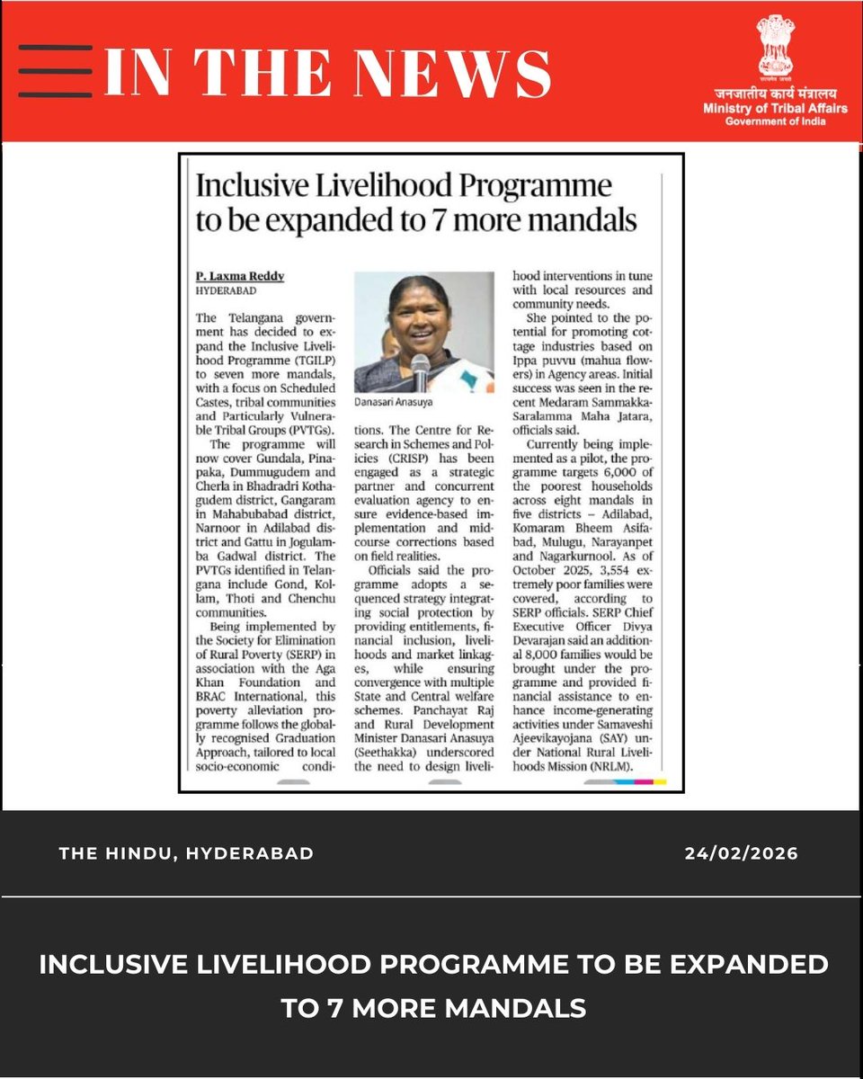 TribalAffairsIn's tweet image. In The News

1) Inclusive Livelihood Programme to be expanded to 7 more mandals.

2) State's Civilization Seen in Sohrai Painting, Tribal Jewelry Attracting the Youth.

3) Udyamee 2.0: IDIAII and UIAIL are helping for the development of rural Odisha.

#InTheNews #MoTA