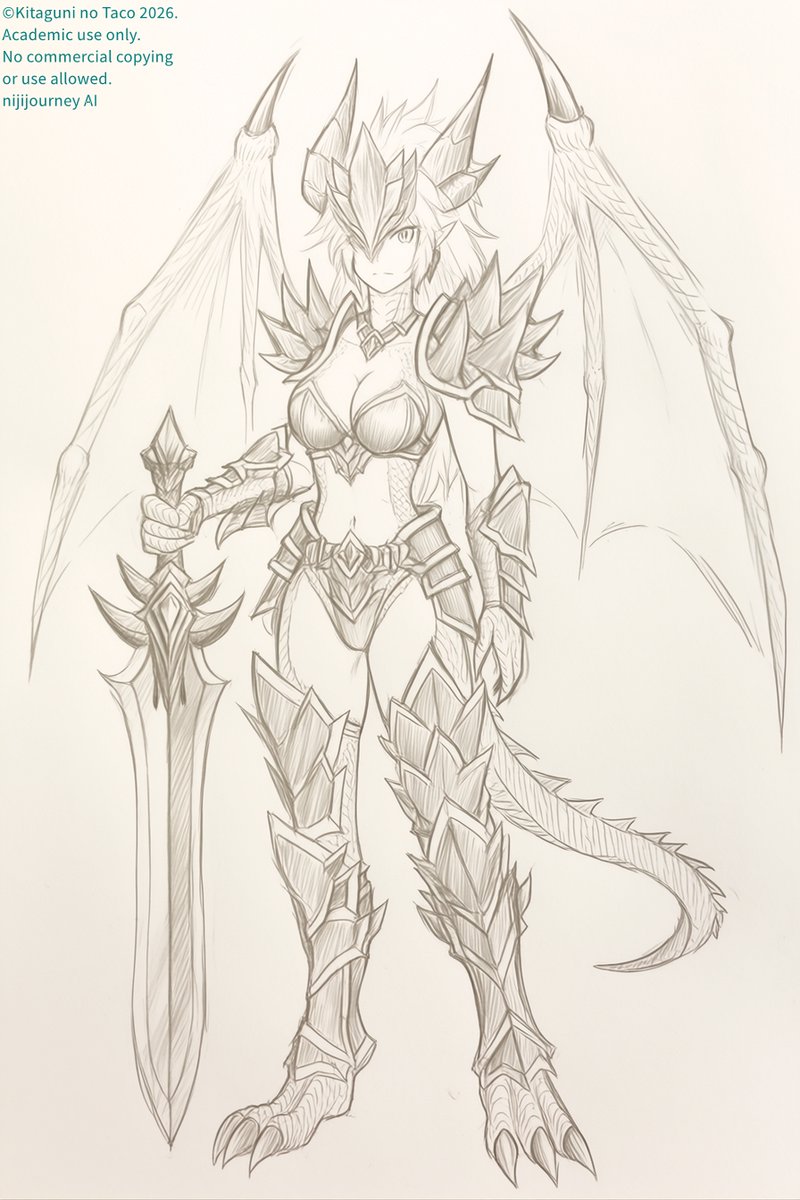 ドラゴンガール #niji7 実験用プロンプト pencil design image, a tall
