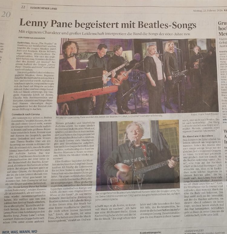 ThomasWimmer's tweet photo. Der Artikel der Kölner Stadt-Anzeiger Zeitung vom 23.02.26 zum vergangenen Lenny Pane Auftritt in Euskirchen 🤗🎸

@KSTA #lennypane #thomaswimmer #euskirchen #beatles #koelnerstadtanzeiger #livemusic #köln #koeln #auftritt #band #zeitung https://t.co/8Qq9JCPDbv
