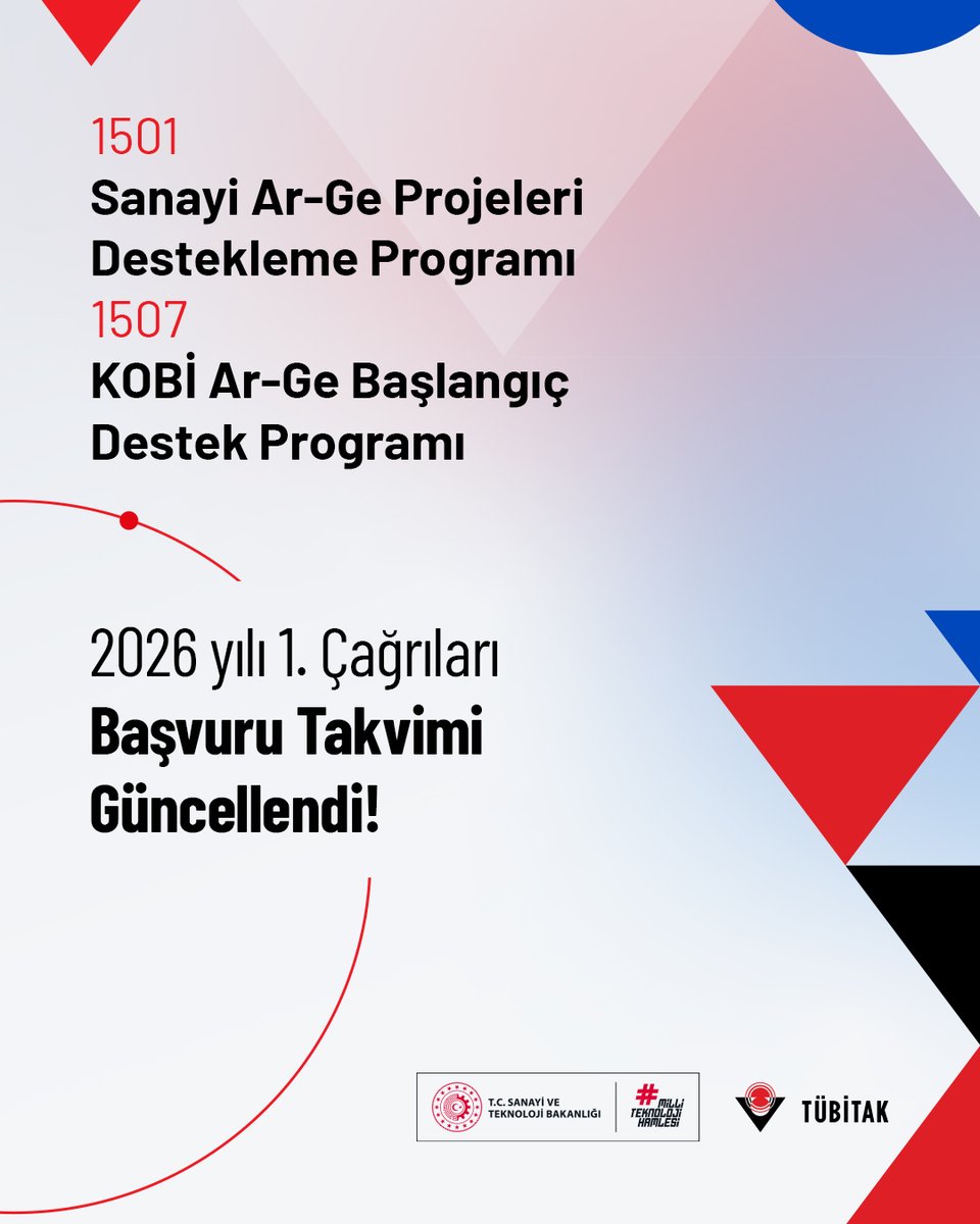 1501 Sanayi Ar-Ge Projeleri Destek Programı ve 1507 KOBİ Ar-Ge Başlangıç Destek Programı 2026 yılı 1. çağrılarında başvuru takvimi güncellendi! 📢

💼 Küçük ve Orta Büyüklükteki İşletmeler (KOBİ) ölçeğindeki kuruluşların proje esaslı araştırma, teknoloji geliştirme ve
