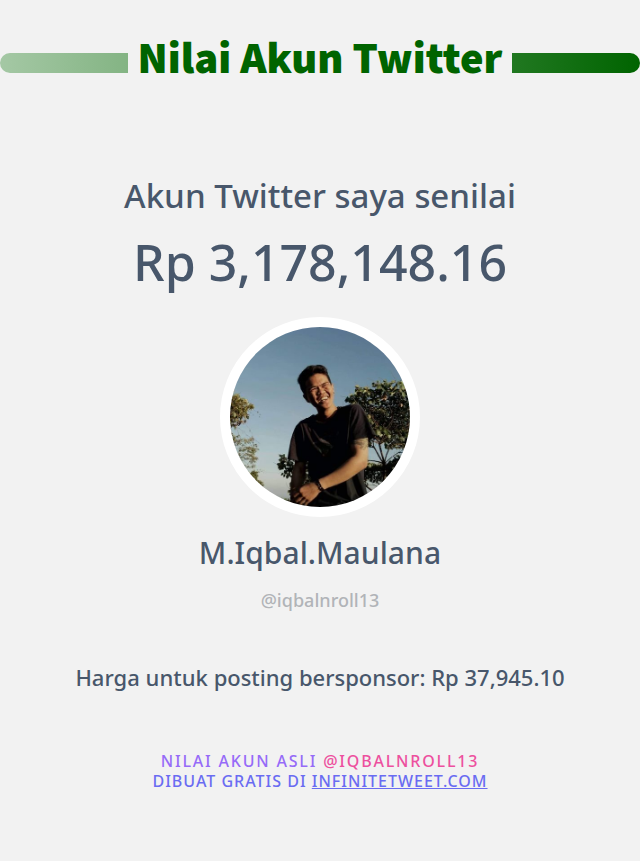 iqbalnroll13's tweet photo. Nilai Twitter Saya adalah: Rp 3,178,148.16

➡️ https://t.co/mtqwcaXM14 https://t.co/RsFbWb2NEt