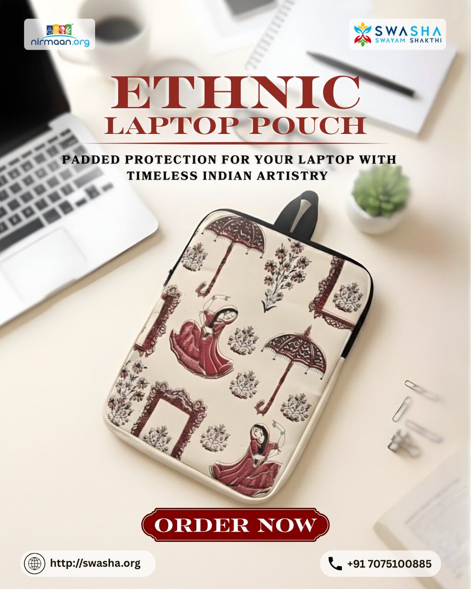 Carry culture wherever you work. 
Our Ethnic Laptop Pouch is crafted from durable canvas fabric and finished with intricate traditional prints that celebrate timeless artistry. Lightweight, protective, and effortlessly stylish, it’s perfect for everyday office, college, or café