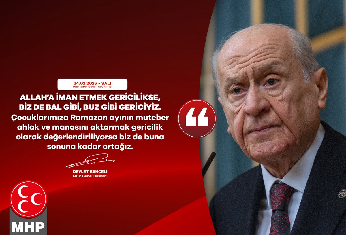 Allah’a iman etmek gericilikse, biz de bal gibi, buz gibi gericiyiz.
Çocuklarımıza Ramazan ayının muteber ahlak ve manasını aktarmak gericilik olarak değerlendiriliyorsa biz de buna sonuna kadar ortağız.

MHP Genel Başkanı
Devlet BAHÇELİ