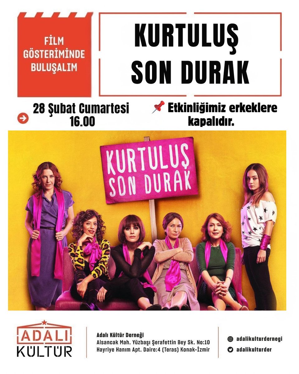 Bu hafta İzmir Adalı Kültür Derneği'nde 8 Mart'a yönelik Kurtuluş Son Durak filmini izliyoruz. Kadına yönelik şiddetin farklı biçimlerine karşı bir araya gelen bir grup kadını konu alan etkinliğimiz sadece kadınların katılımına açıktır.

Katılım Formu↩️
docs.google.com/forms/d/14bVKP…