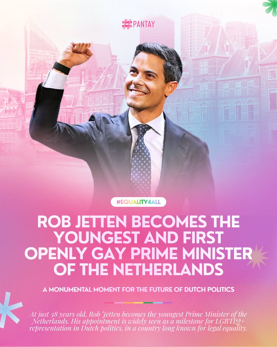 PANTAYtayo's tweet photo. A BIG WIN FOR QUEER LEADERSHIP IN THE NETHERLANDS 🇳🇱🏳️🌈✨
Rob Jetten becomes the youngest & openly gay Prime Minister of the Netherlands at 38 years old.
His appointment further advances LGBTIQ+ representation in Dutch politics.
#PANTAY
#PANTAYtayo
#Equality4All
#HappyEquality https://t.co/TVrXzp9NCT