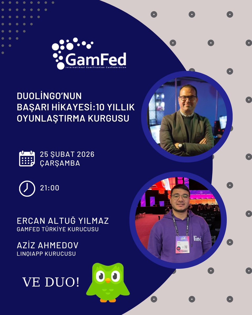 GamFed Türkiye Girişimcilik Ekibi’nden Gönüllülerimiz İçin Harika Bir Eğitim: Duolingo’nun Başarı Hikâyesi ‘10 Yıllık Oyunlaştırma Kurgusu’

10 yıl boyunca evrilen bu kurgunun arkasındaki stratejileri <a href="/ercanaltug/">Ercan Altuğ Yılmaz 𝕏 🇹🇷</a> ve Aziz Ahmedov ile birlikte keşfediyoruz!
#duolingo #oyunlaştırma