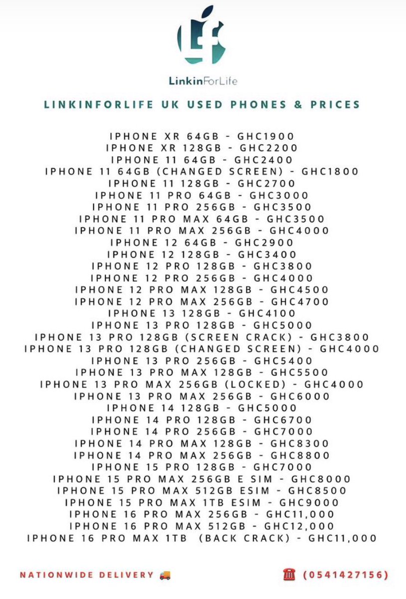 ForLinkin's tweet photo. IT COST $0.00 to RETWEET my hustle 🤲🏾

UK USED iPhones available from iPhone XR to iPhone 16 Pro Max 

•PRICE LIST ( Frame 4)

-SWAP ALLOWED✅
-INSTALLMENT PLAN AVAILABLE ✅
-NATIONWIDE DELIVERY 🚚 

Kindly RETWEET 🙏🏾

☎️0541427156 https://t.co/Z7lJOb1RYc