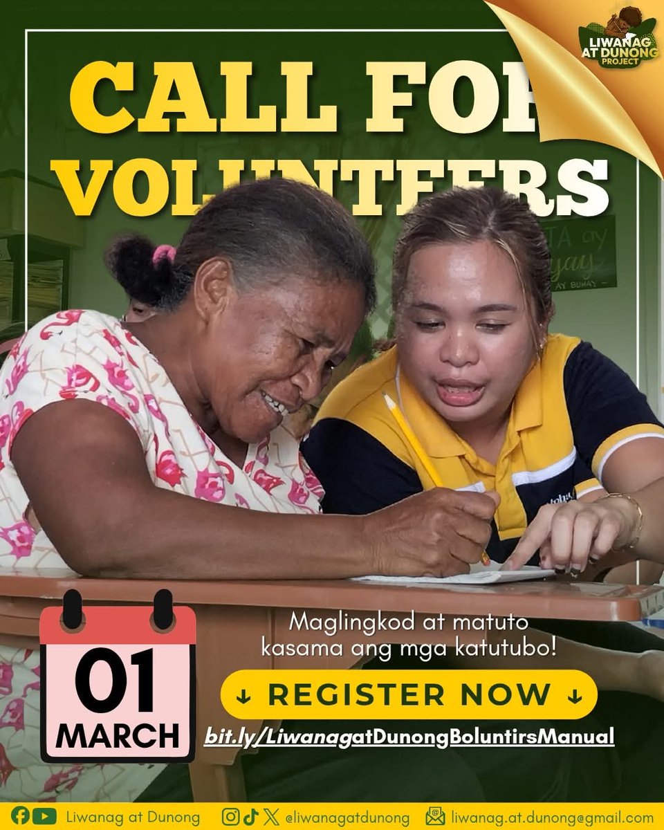 CALL FOR VOLUNTEERS 
Start March with purpose! Join our community immersion this Sunday (Mar 1) at Sitio Kalangitan, Capas, Tarlac.
First-timers: Read the manual &amp; sign up: bit.ly/LiwanagatDunon…
Balik-Komyu: Register here: forms.gle/oLeGLKwgDvLf7C…
Tara sa komyu!