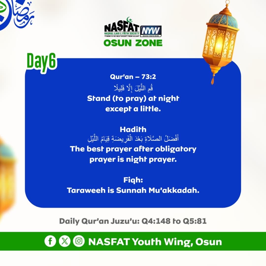 RAMADAN DAY 6🌙💙

“Taraweeh is Sunnah Mu’akkadah .”
May Allah accept our fast as an act of Ibadah. 

#NYWOsun
#NYWOsunPACE
#Ramadan1447
#NasfatLEAD
#NASFATcares