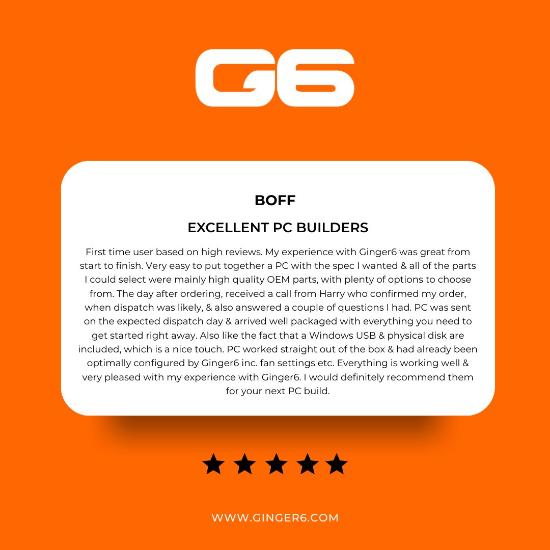 High‑quality parts + expert setup = a flawless first build.   Boff’s PC arrived well‑packaged, fully configured, with helpful support every step of the way.
Thanks for the 5⭐ review! 
#Ginger6 #CustomPC #CustomerReview #ReviewPost #TechMadeEasy