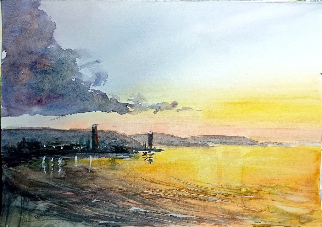 水彩画 瀬戸内海の夕日 #水彩画 #watercolorpainting #sunset #瀬戸内