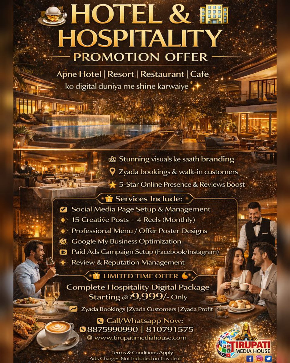 TMHJAIPUR's tweet image. 🍽️ HOTEL &amp;amp; HOSPITALITY PROMOTION OFFER 🏨
🎁 LIMITED TIME OFFER
💰 Starting @ ₹9,999/- Only

📞 8875990990 | 8107971575
🌐 tirupatimediahouse.com
💙 Trusted by Growing Brands
Tirupati Media House
Digital Marketing | Branding 
#HotelMarketing #RestaurantMarketing #CafePromotion