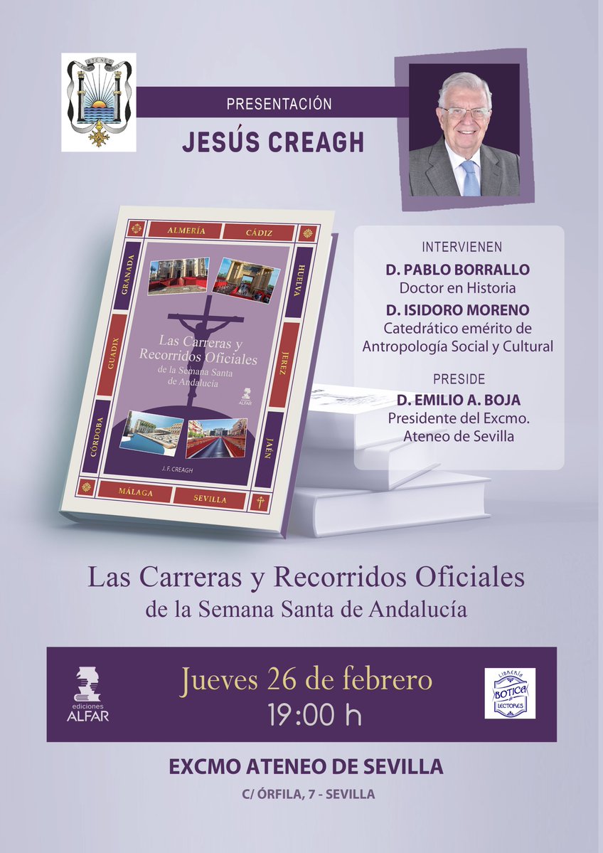#JesúsCreagh presenta el primer gran libro sobre las carreras oficiales en Andalucía en el <a href="/ateneodesevilla/">Ateneo de Sevilla</a> 
El acto será presidido por Emilio Boja (Presidente Excmo. Ateneo), Isidoro Moreno (Catedrático de Antropología Social y Cultural) y <a href="/PabloBorralloS/">Pablo Borrallo</a>  (Doctor en Historia)