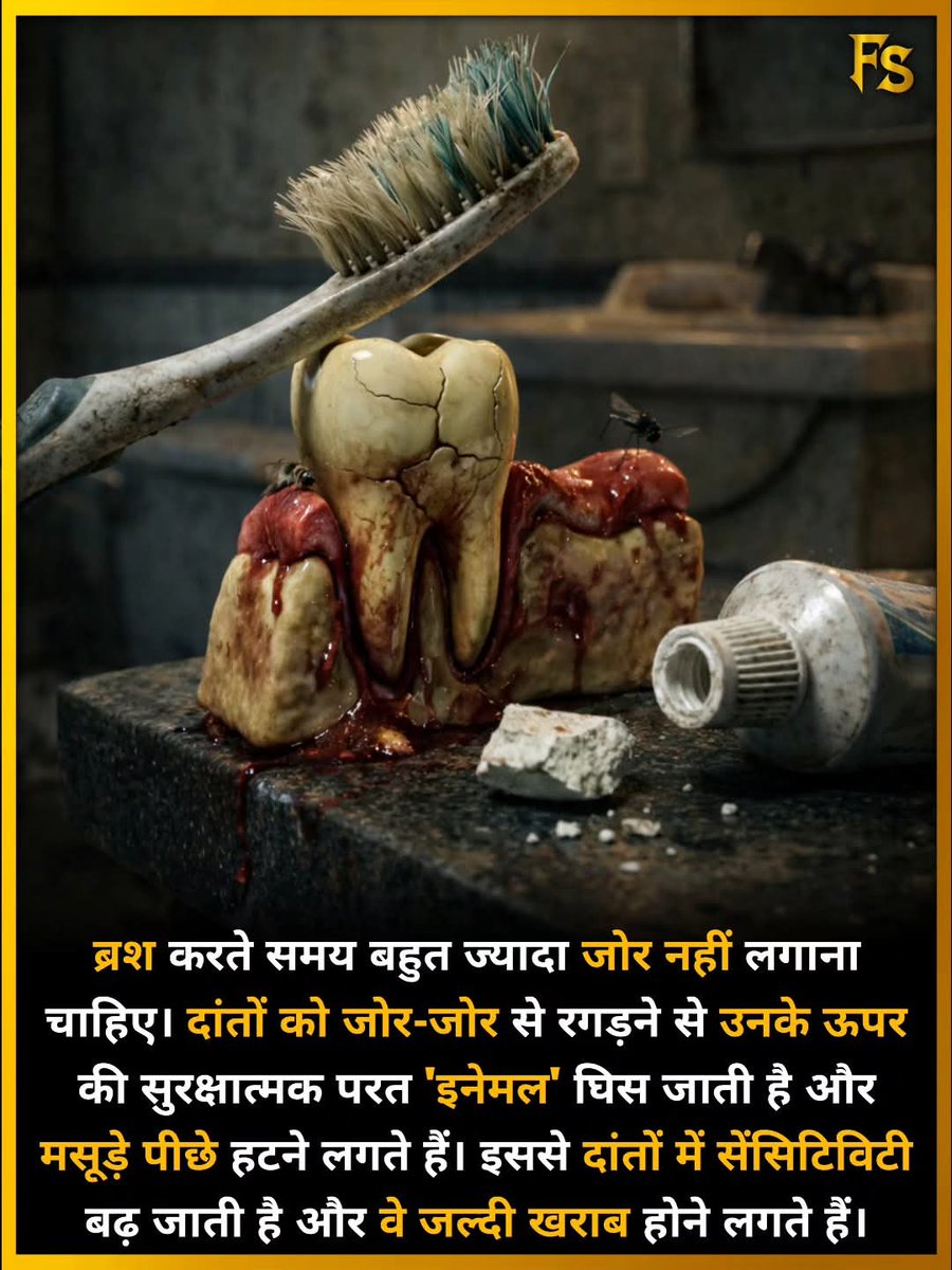 NeeruDevi1772's tweet image. Avoid applying excessive force when brushing. Vigorously rubbing your teeth wears away the protective layer of enamel and causes the gums to recede. This increases tooth sensitivity and accelerates tooth decay. #teeth #brushing