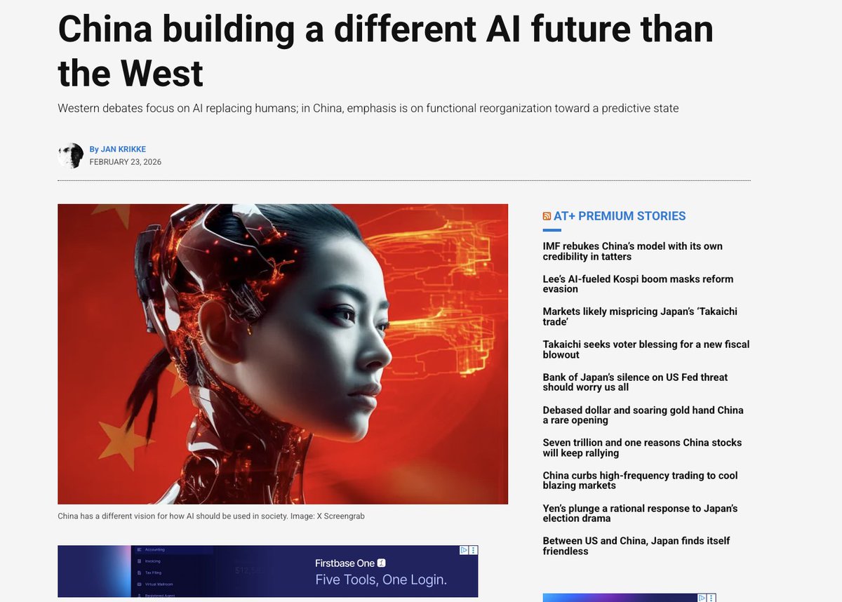 China's vision of AI is intelligent systems that plug into massive industrial ecosystems,

 that allow for cheaper goods for everyone + open source models that are free globally at low cost for everyone

America's vision is one of a few oligarchic companies who own all the