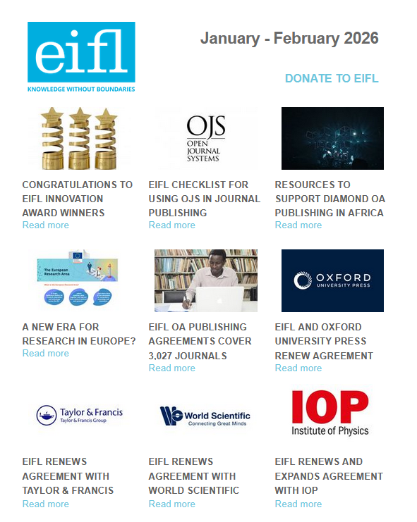 EIFLnet's tweet photo. 📣 News from @EIFLnet – awards, resources, updates on the #ERAAct #FifthFreedom #OpenScience #OpenAccess – all this and more in EIFL's first newsletter of 2026 – https://t.co/HkOnvjUInQ Like what you see? Sign up for future newsletters – https://t.co/kuIMeYCz9E https://t.co/90mKbJBRsk