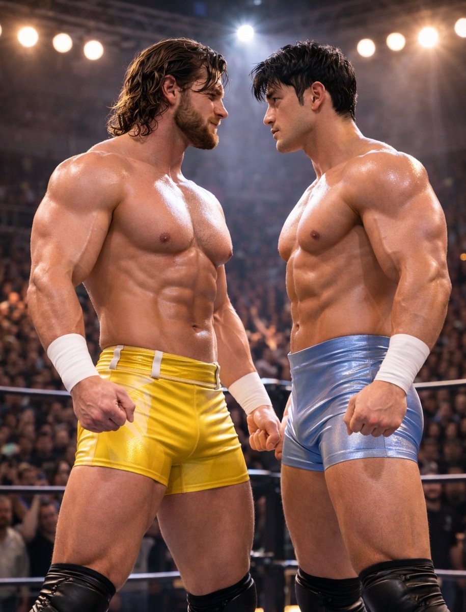 wrestlebulgfan's tweet photo. 蒼井(水色トランクス)
vs
ライアン(黄色トランクス)
試合開始。勝つのはどっちだ?
Aoi (Blue trunks) vs Ryan (Yellow trunks).
The match begins.
Who strikes first?
Who takes the win?
#AIart #ProWrestling #Wrestling #Muscle #RingAction #Aoi #Ryan https://t.co/Yn2EVZiOpN