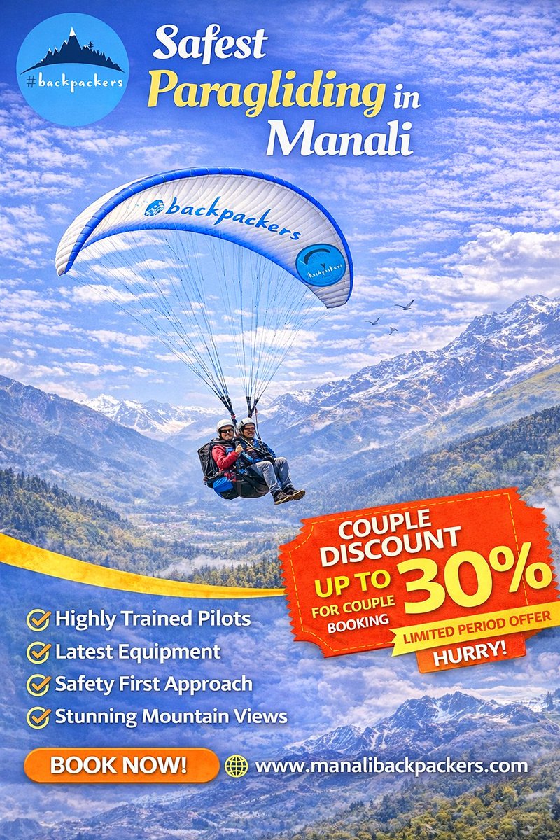 Manalibackpack's tweet photo. 🏔️✨ Ready to take your love higher?
Experience the Safest Paragliding in Manali with your favorite person!
🔥 Couple Special: Up to 30% OFF on bookings!
👉https://t.co/Oa2WlWp0Bj
#ParaglidingManali #AdventureCouple #Himalayas #TravelIndia #CoupleGoals #ManaliDiaries #Backpackers https://t.co/rOrcEs6zgb