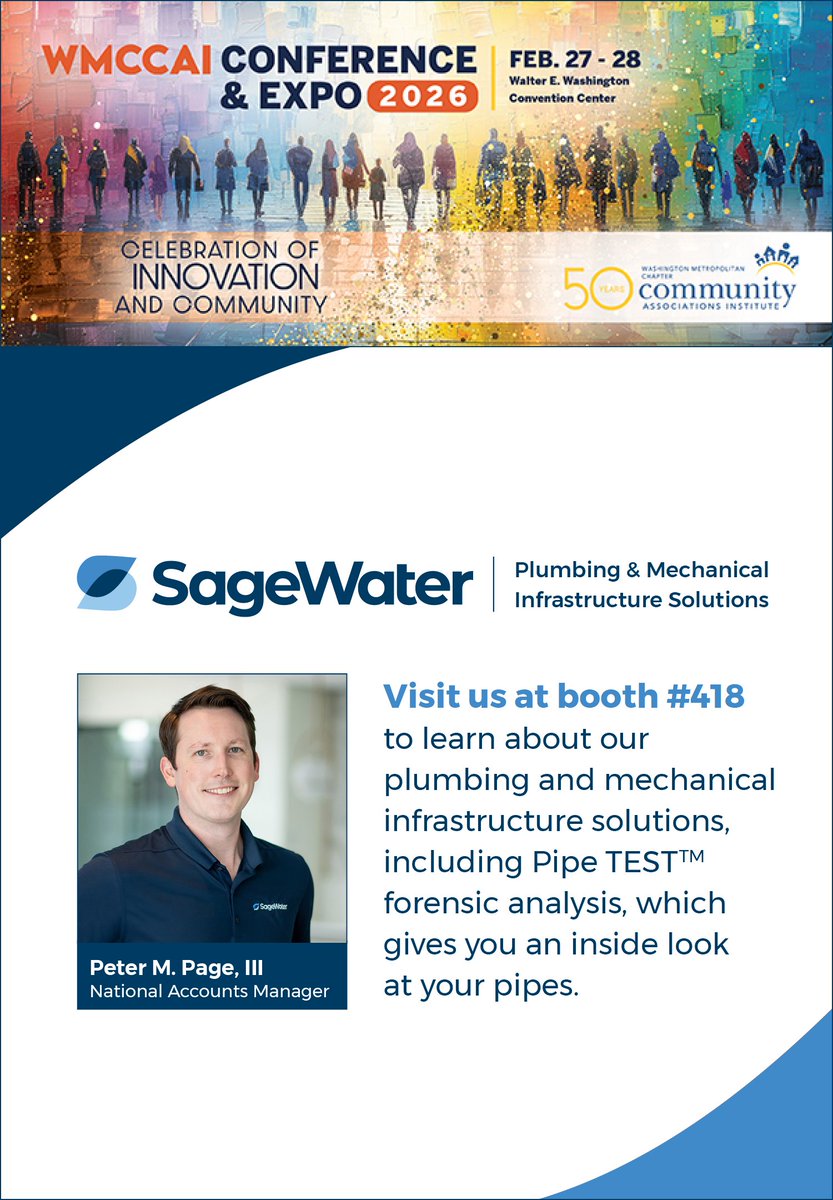 SageWater's tweet photo. Are you attending the Washington Metropolitan Chapter Community Associations Institute Conference &amp; Expo? 

Stop by to meet us and hear how SageWater can revitalize your community's plumbing and mechanical infrastructure—all while residents remain in their homes!

#WMCCAI https://t.co/LW1igZAAVH