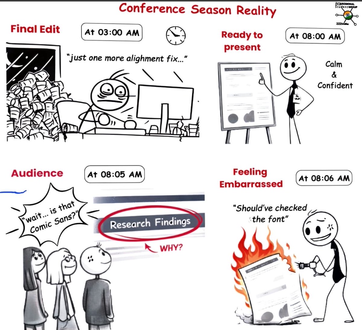ISCB_RSG_India's tweet photo. Me preparing world-class research ๐ค Me sabotaging it with Comic Sans
What was your most humbling conference moment?
#ConferenceSeason #PosterSession #ResearchLife #STEMLife https://t.co/ObT0bLUlAy
