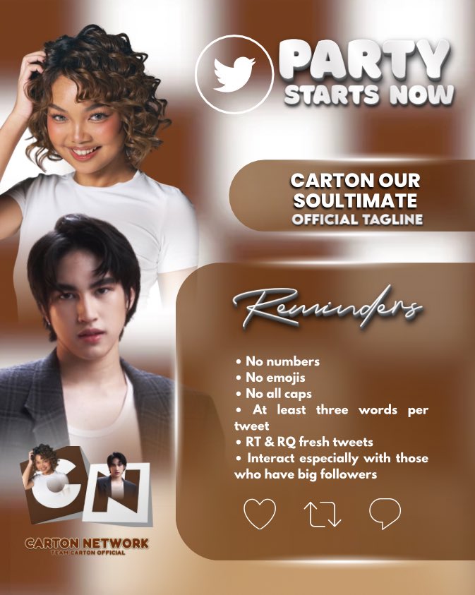 [ 𝐎𝐅𝐅𝐈𝐂𝐈𝐀𝐋 𝐓𝐏 ]

Trending Party starts now! Couriers, Team Carmelle, Team Anton and CVs dive in, connect with fellow fans and make some noise!

Goal : One Thousand Replies here with Photos and GIFS include "carton aming pahinga" along with the tag!

CARTON OUR