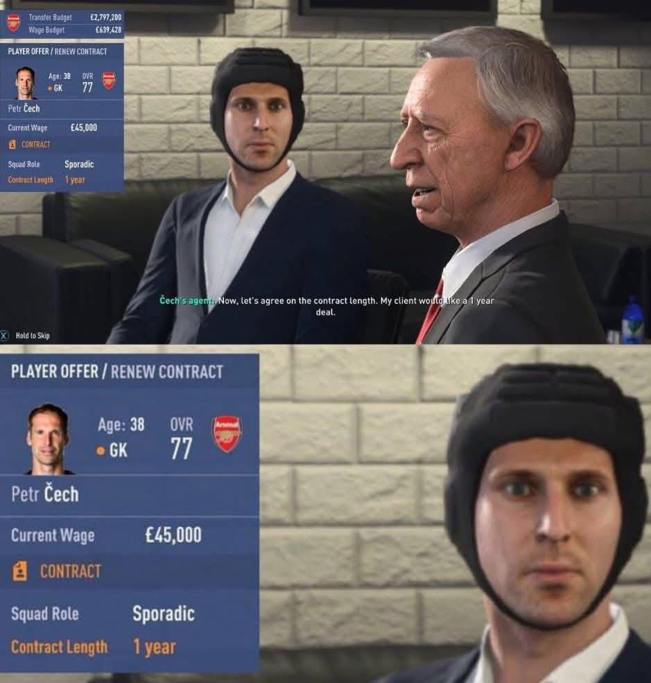 In FIFA 19, Petr Cech loved his helmet so much that he never took it off, not even during contract negotiations... 🥲