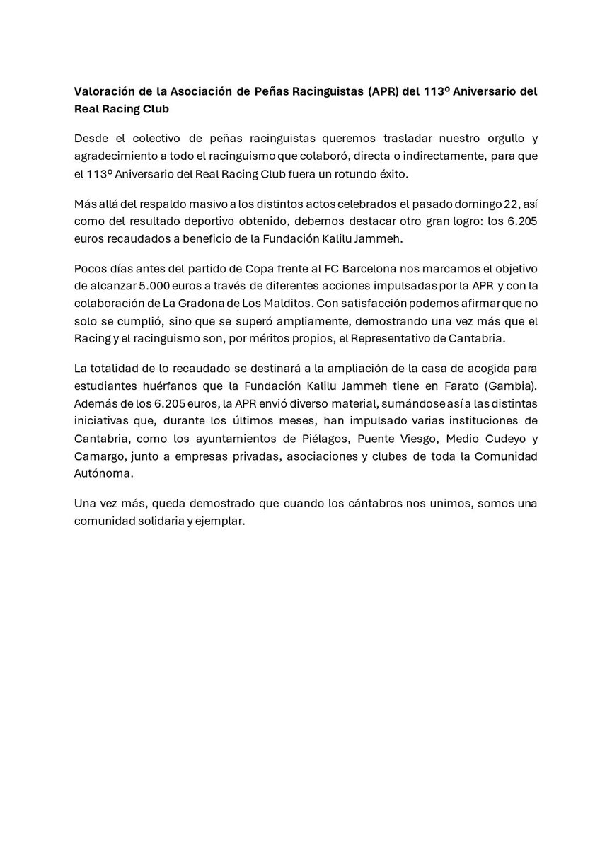APR_Racing's tweet photo. Valoración de la Asociación de Peñas Racinguistas (APR) del 113º Aniversario del @realracingclub 

@GradonaMalditos 
@RacingFundacion https://t.co/4GWfU62qUB