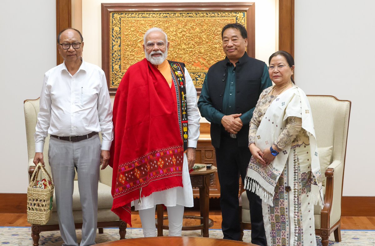 CM of Manipur, Shri <a href="/YKhemchandSingh/">Khemchand Yumnam</a>, alongwith Deputy CMs, Smt. <a href="/KipgenNemcha/">Nemcha Kipgen</a>, Shri Losii Dikho met Prime Minister <a href="/narendramodi/">Narendra Modi</a>.