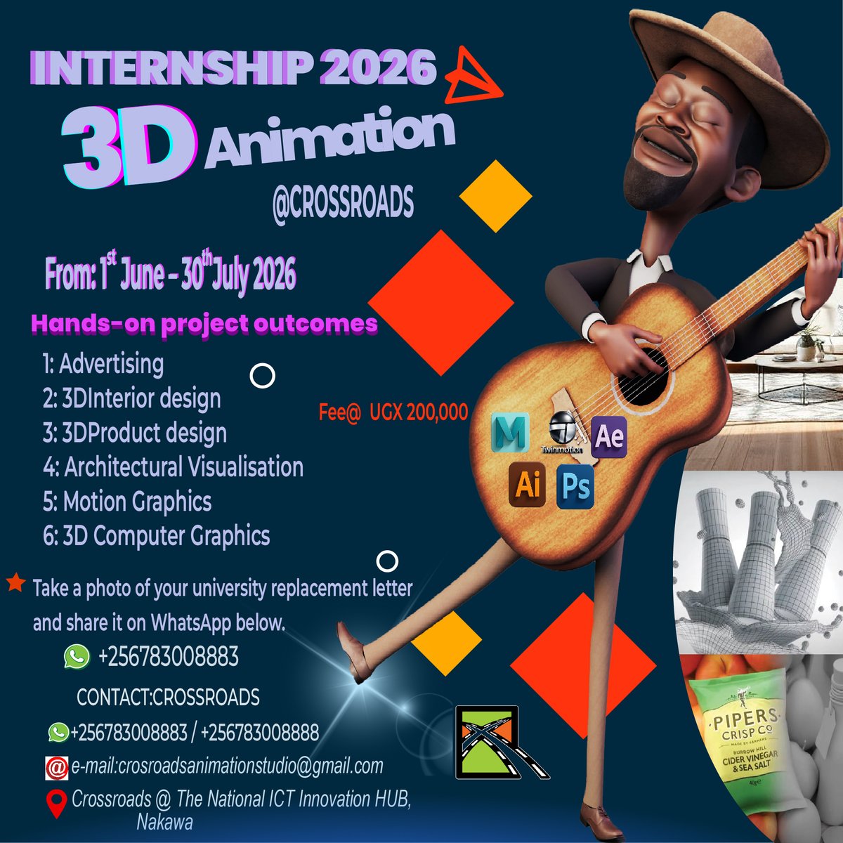 d_masanso's tweet photo. 3D Animation &amp; Digital Multimedia Internship @ Crossroads (2026)
Internship Period: 1st June – 30th July 2026
Please take a photo of your university placement letter and share it on WhatsApp: +256 753 008 883 or email it to crossroadsanimationstudio@gmail.com. https://t.co/e5OCxo03vs