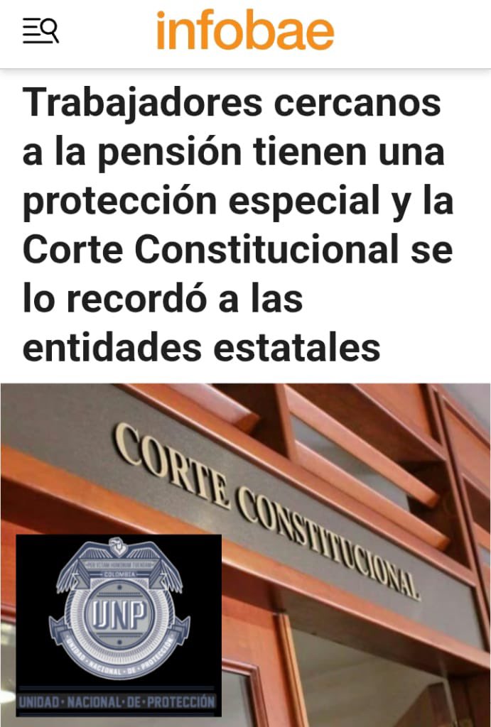 Escoltas prepensionados que han servido a <a href="/UNPColombia/">Unidad Nacional de Protección, UNP.</a>, hoy en riesgo de despido por empresas que desconocen fallos de la Corte Constitucional. <a href="/MintrabajoCol/">MinTrabajo</a>  URGENTE proteger sus derechos laborales.
<a href="/CConstitucional/">Corte Constitucional</a> <a href="/lafm/">La FM</a> 
<a href="/petrogustavo/">Gustavo Petro</a> <a href="/NoticiasRCN/">Noticias RCN</a> 
<a href="/CaracolRadio/">Caracol Radio</a>