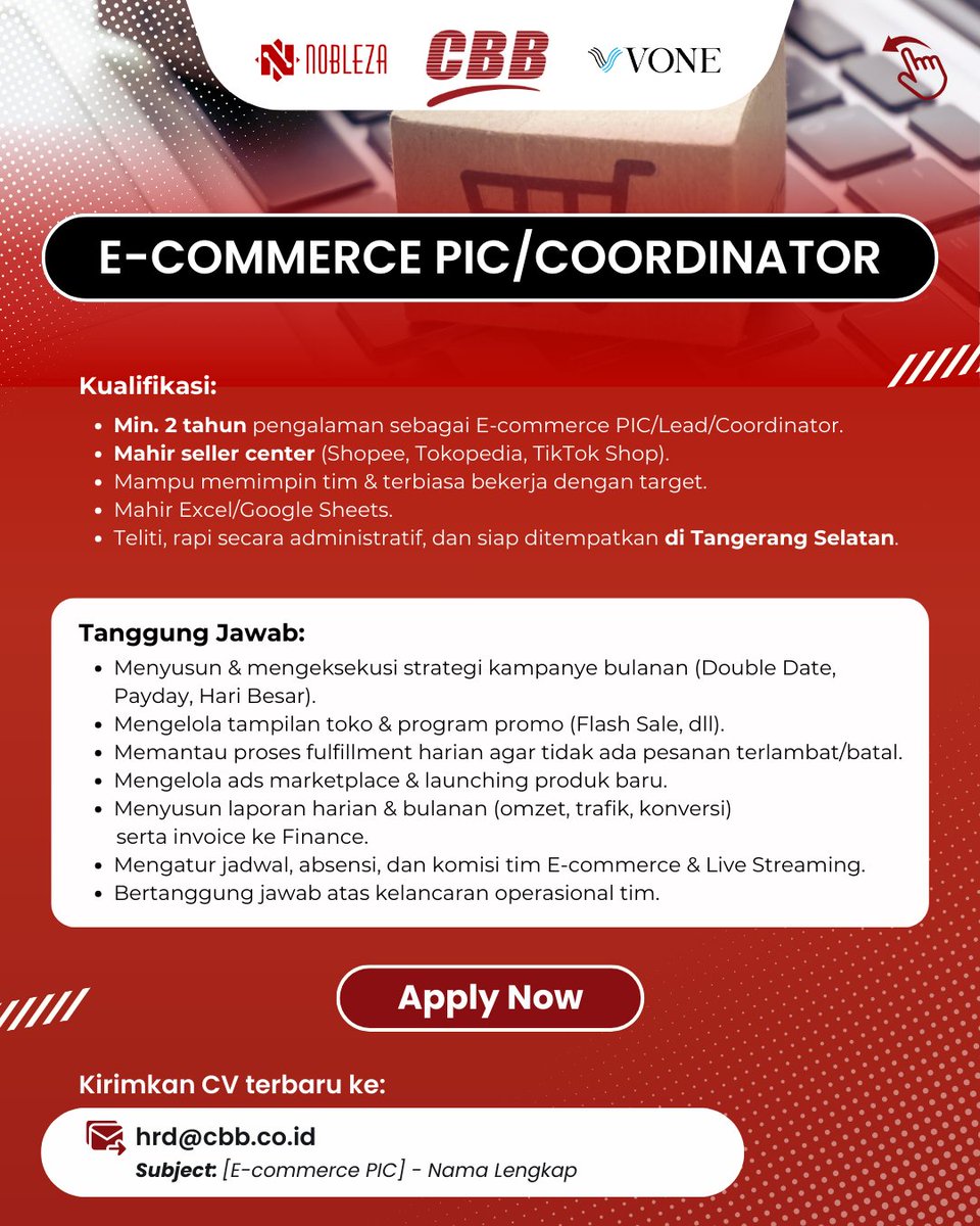 ghifarulwan's tweet photo. Bantu repost mincot @hrdbacot. ​PT. Cahaya Bangunan Baru sedang membuka lowongan untuk posisi E-commerce PIC dan Social Media Specialist.

​Jika Anda kandidat yang kami cari, kirimkan lamaran ke:
📩 hrd@cbb.co.id, ghifar.ulwan@gmail.com https://t.co/whpUoCz8rK