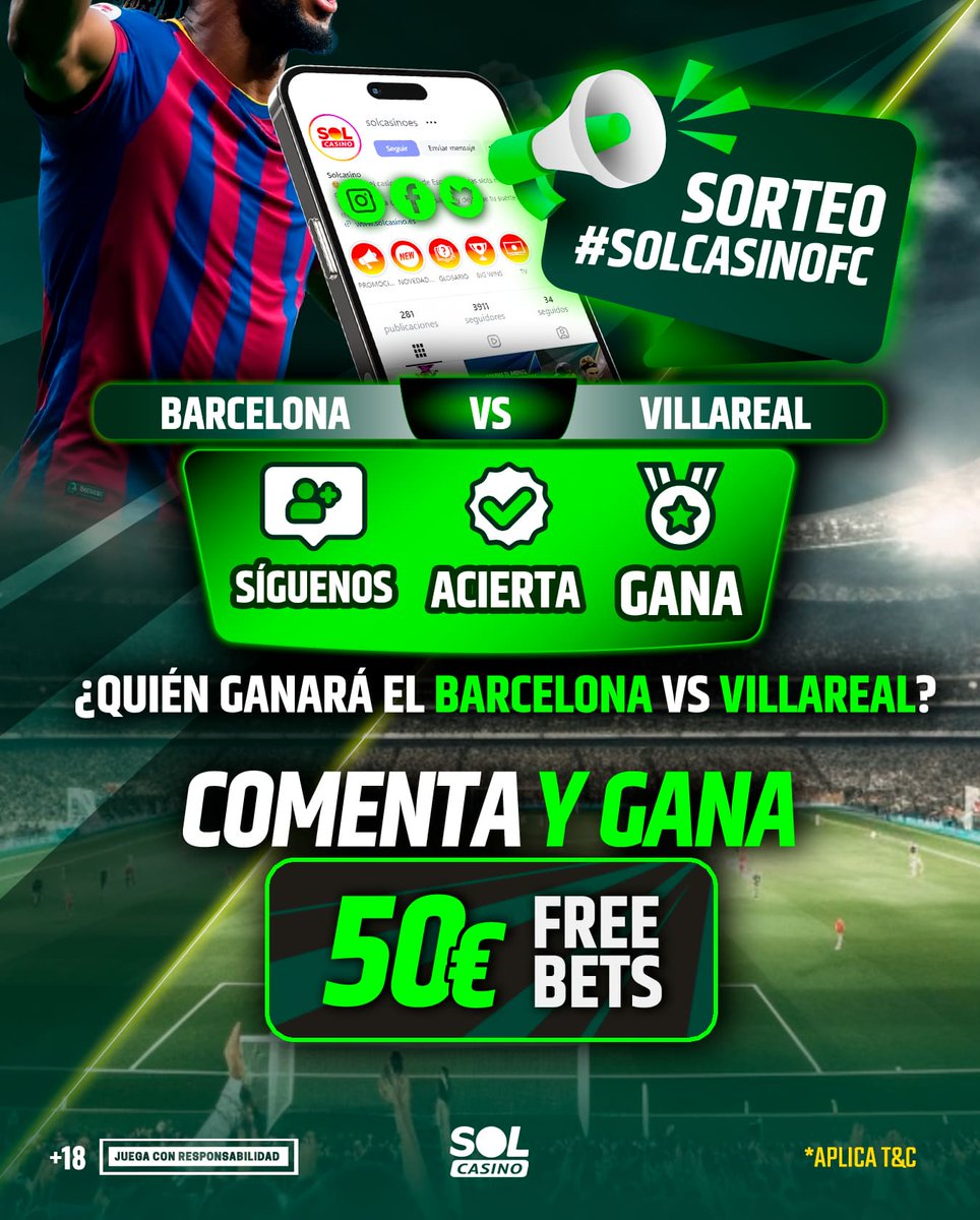 🚨¿Quieres llevarte 50€ de Freebet? Tan solo tienes que responder y acertar quién ganará el Barcelona vs Villarreal de LALIGA.

Sigue a Solcasino
Comenta y acierta el pronóstico con SolcasinoFC
 Hasta el 28/2 a las 16:15
T&amp;C: web