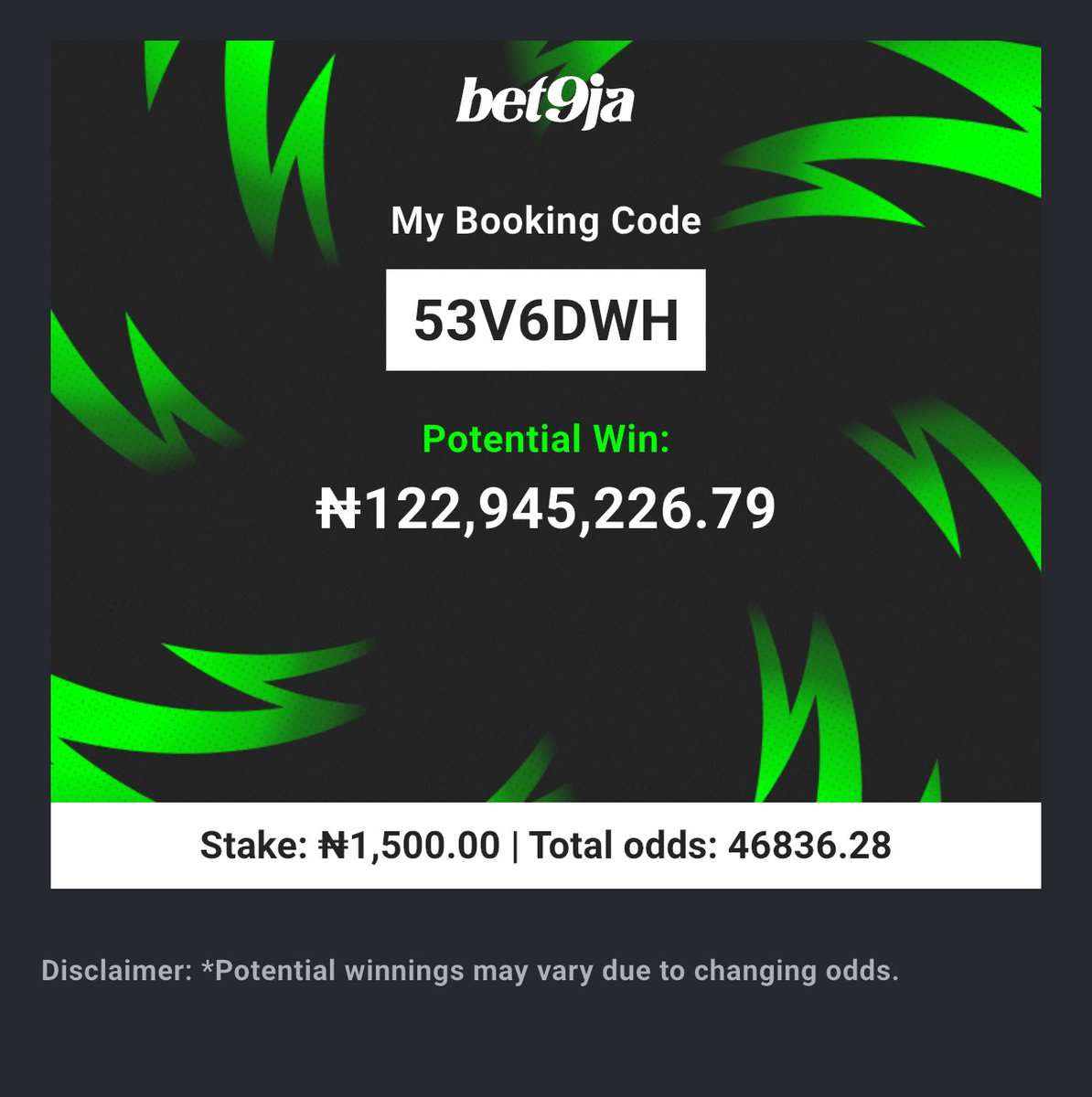 48k odds v_football FullTime corner over/under spreadsheet on Bet9ja  ]

Early kickoff 🚀 

🚫Do whatever you want with this code… 
Edit and win as usual 

🏆: BOOKING CODE 1: 53V6DWH

🏆odds edit BOOKING CODE 2:  53V6HB9

#Bet9jaCode